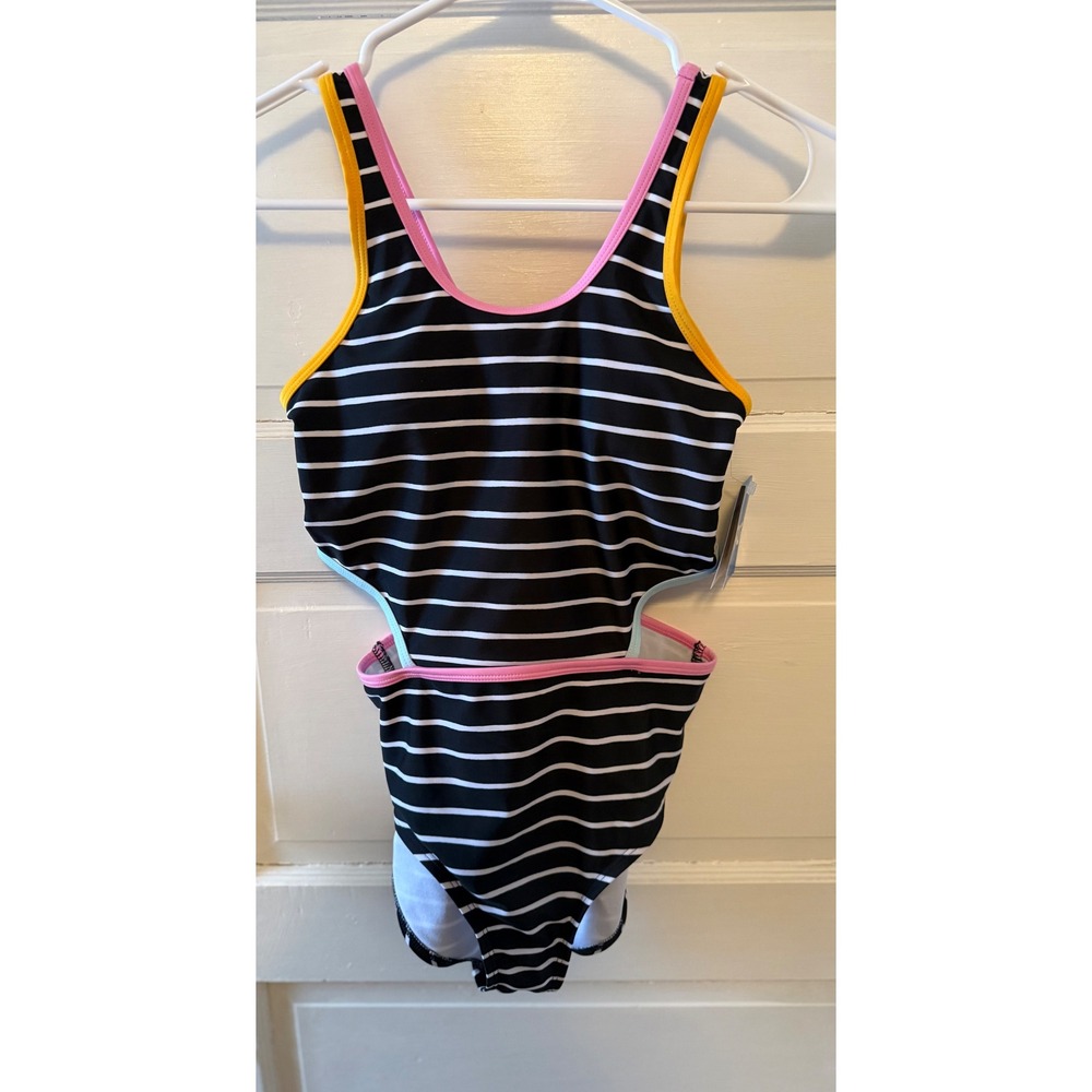 DSG Kids Girls‎ Black White Stripe Cutout One Piece Swimsuit Size large